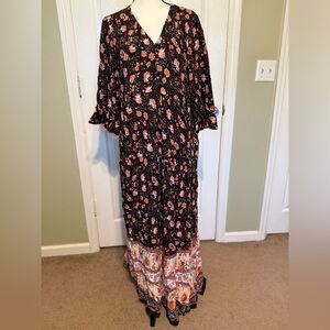 Natural Life Black Floral 3/4 Sleeve Maxi Dress with Pink Floral Border
